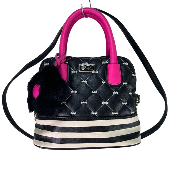 Betsey Johnson Handbags - Betsey Johnson Black Striped Quilted Bows Pink Handles Fur Keychain Satchel Bag